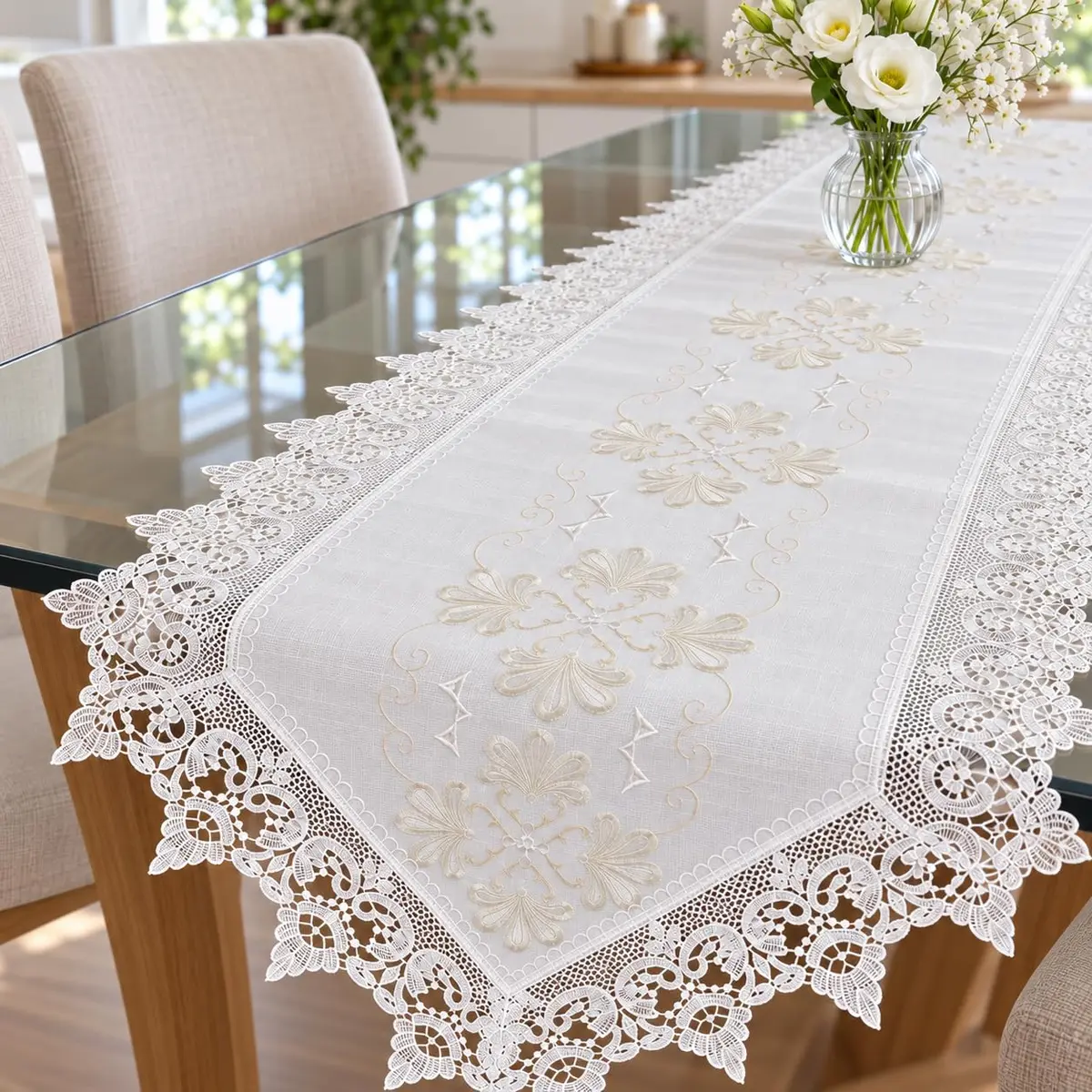 Caminho de Mesa 40x180cm em linho premium e Renda Guipir, Passadeira Bordada para Mesa Posta, Sala jantar e Cozinha, Caqui,Marrom,Bege,Branco (Branco) - 1