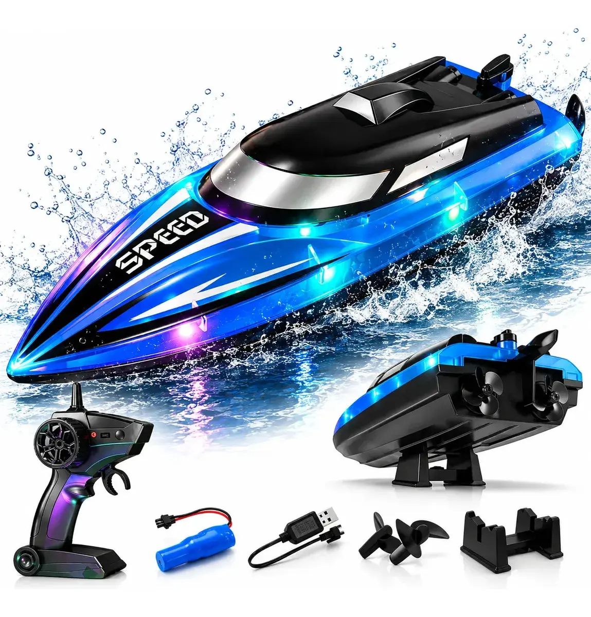 Lancha Barco de Controle Remoto Recarregável 1/16 Hélice Dupla Alcance de 100m Azul HK9