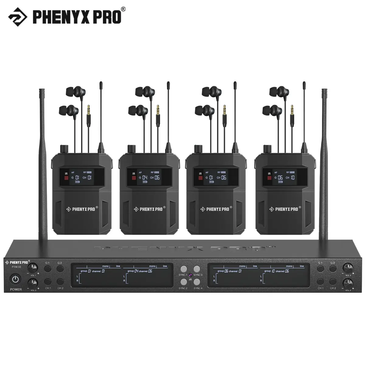 Sistema de Monitoramento In-ear Sem Fio Phenyx Pro PTM-33 de 4 Canais Mono com Suporte para Rack para Igreja e Casamento