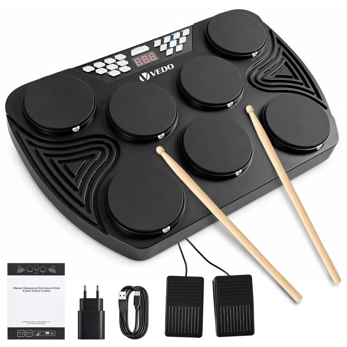 VEDO Bateria Eletrônica Portátil 7 Pads, 16 Kits de Som, 30 Músicas de Demonstração, Bateria 1800mAh + Fonte AC, Sensibilidade à Velocidade, Gravação/Reprodução, LED, USB MIDI, Preto