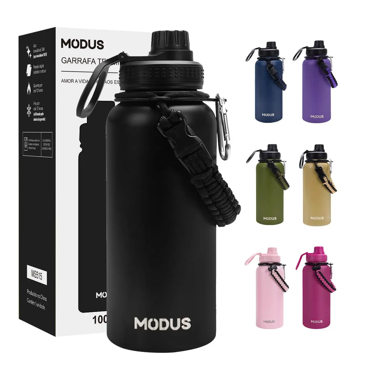 950mL Garrafa Térmica Aço Inoxidável Com Alça Paracord (Preto) - 1