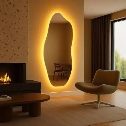 Espelho Orgânico Lapidado 120x50cm 95x40cm Vidro Real Sem Distorção com Suporte Fixo e Opção de LED Moderno para Decoração (94X40 COM LED PILHA)