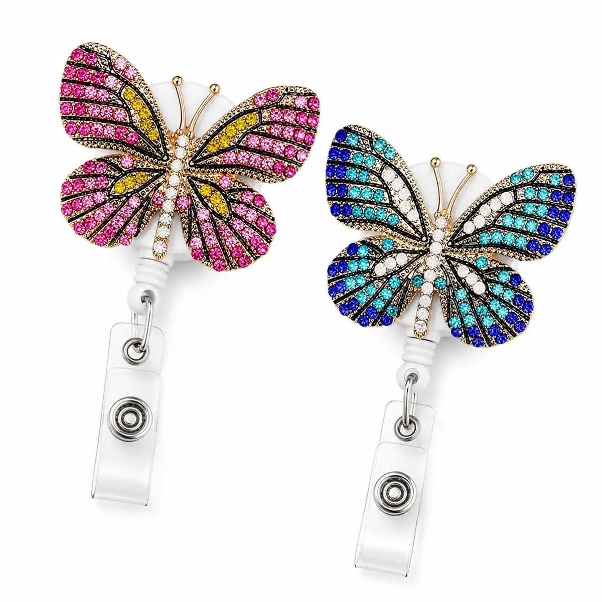 Kit 2 Porta Crachá Retrátil Borboleta com Strass Azul e Rosa, Cordão Extensível 60cm, Clipe Giratório, Suporte para Crachá de Enfermeira, Professora, Estudante, Escritório e Identificação