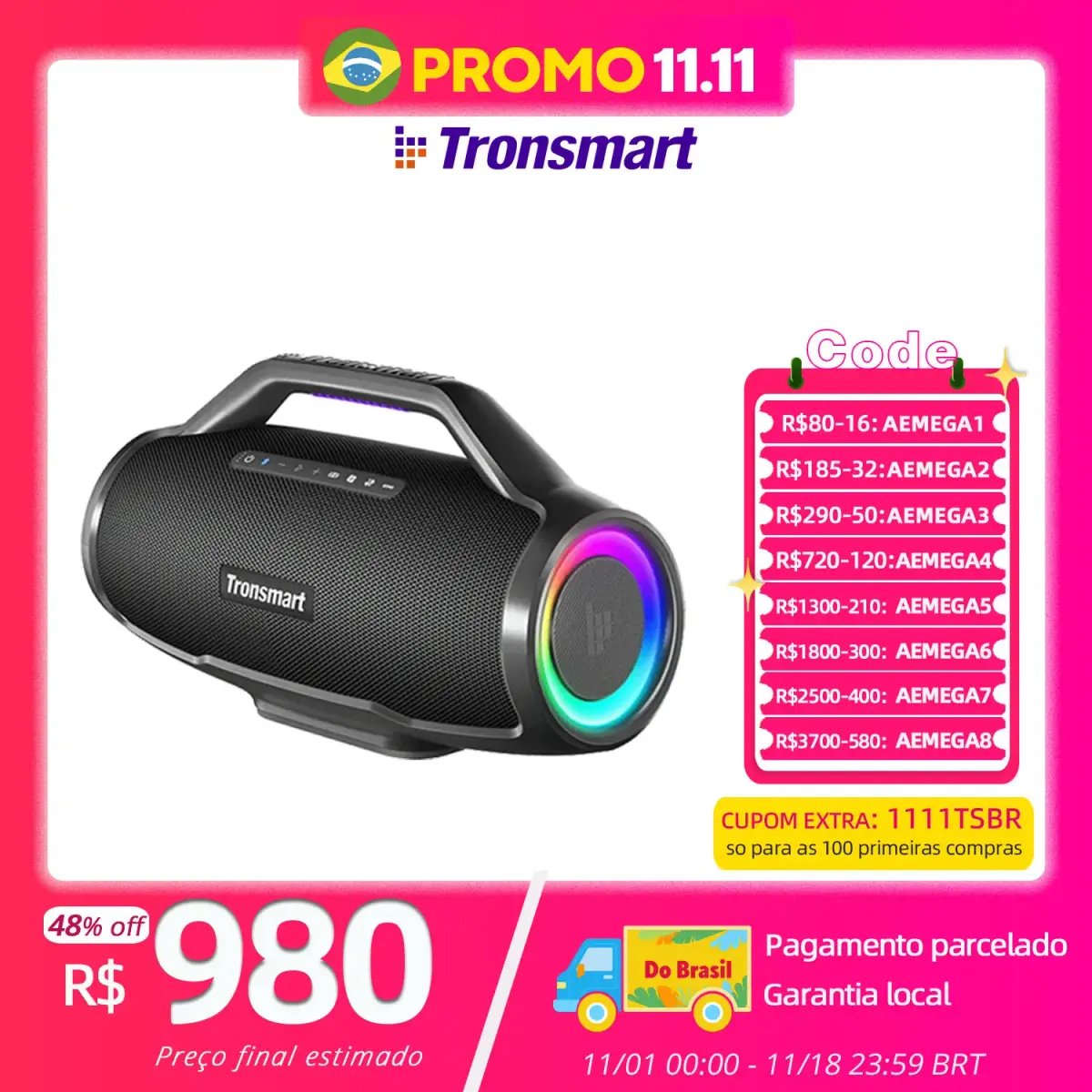 Tronsmart Bang Max caixa som bluetooth, caixa de som, Alto-falante poderoso com 130 W, entrada de guitarra/mic, sincronização de mais de 100 alto-falantes, controle de APP, para festa