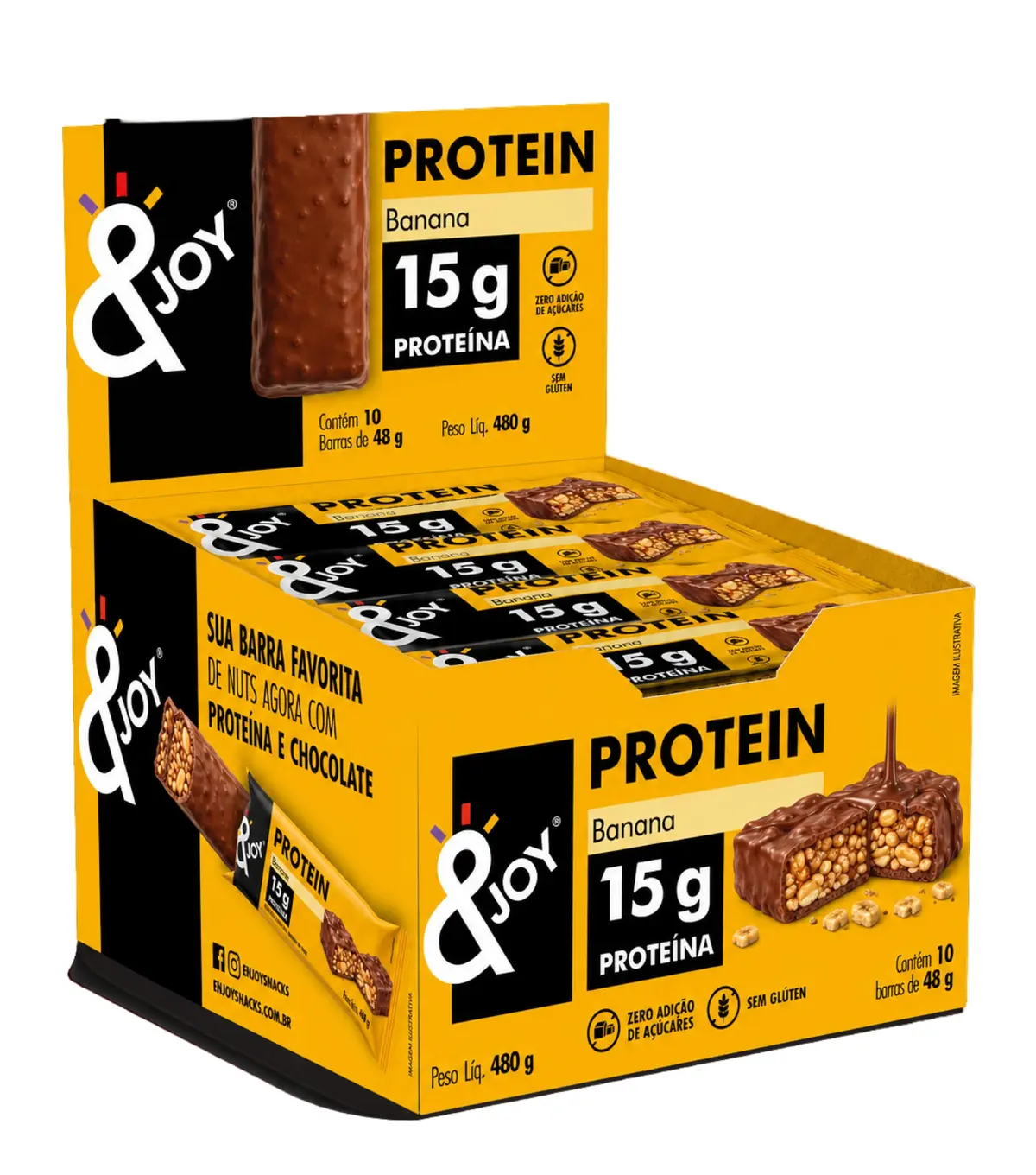 &Joy - Barra de Proteína de Nuts Banana e Chocolate 48g - 15g de Proteína - Caixa com 10 Unidades 480g - Zero Adição de Açúcares - Sem Glúten