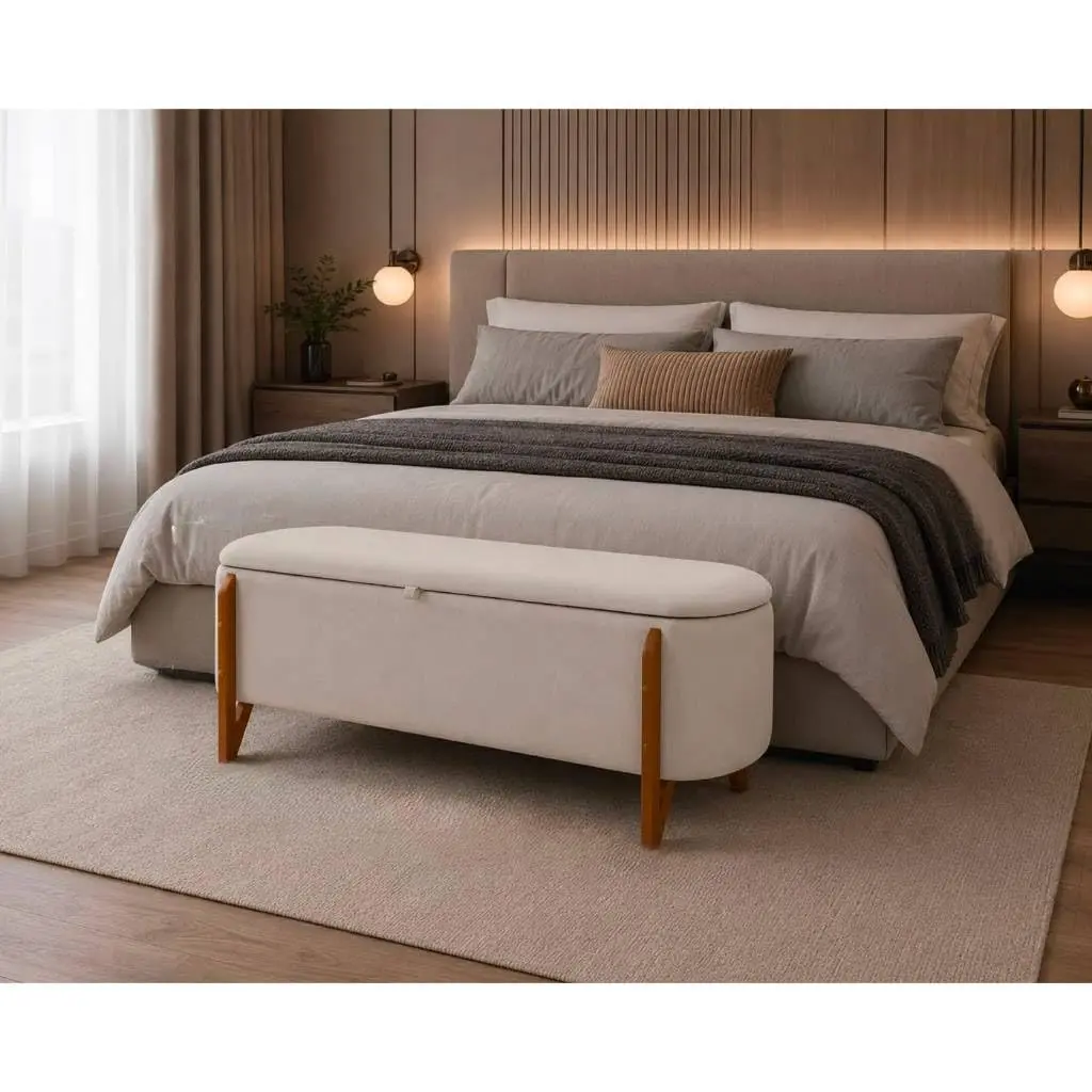 Baú Oval Organizador Estofado com Assento para Quarto Sala e Closet(Bege) | Recamier oval com espaço interno para organizar objetos e assento confortável - 1