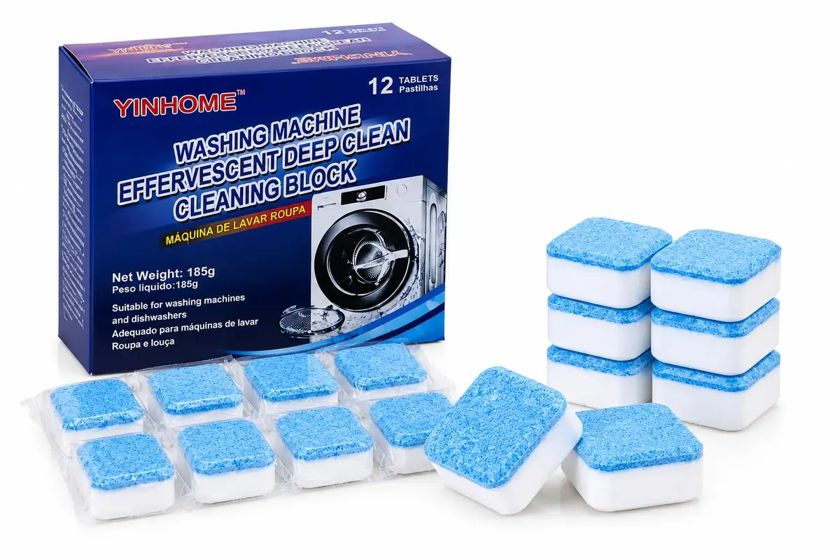 Kit 12 Pastilhas Limpa Máquina Remove Resíduos e Odores Efervescente | Remove acúmulos de sabão, gordura e sujeiras nas partes internas