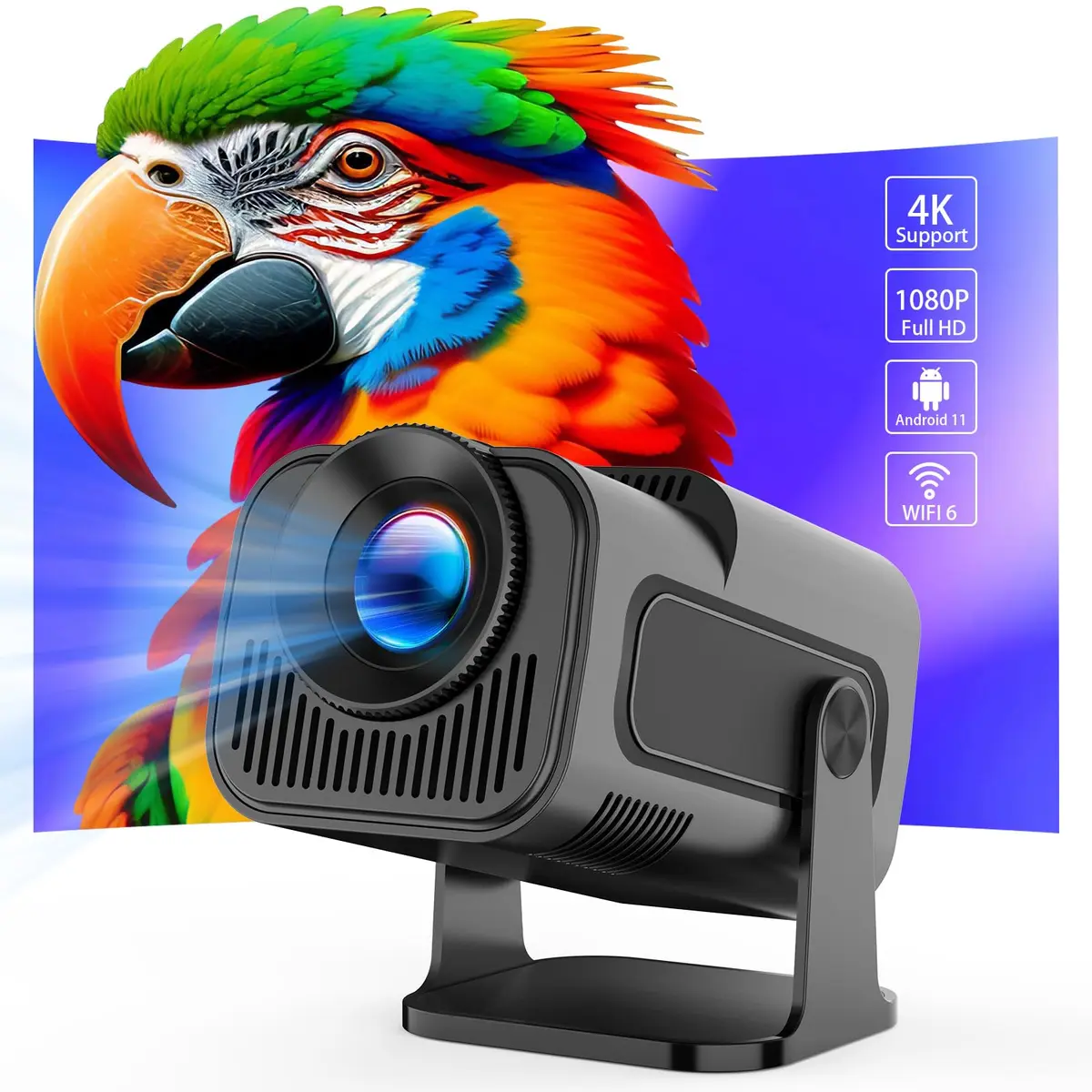 Mini Projetor Portátil, 4K 1080P Full HD, Android 11, 5G WiFi 6, Bluetooth 5.0, Foco Ajustável, Auto Correcção, HY320 Projetors Compatível com Phones/PS4/XBOX/Tablets, Suporte Airplay/Miracast/DLNA