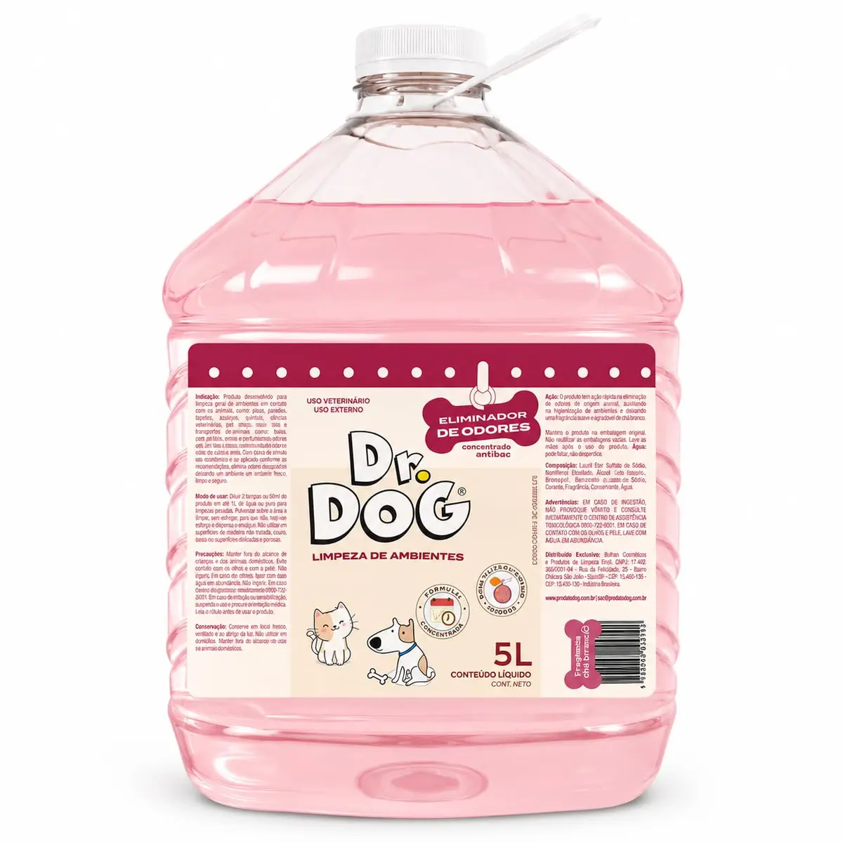 Elimina Odores PET Dr. Dog 5 litros – Antibac Concentrado - Limpeza Segura para Quintal, Garagem, Clínicas e Caixa de Areia - Aroma Suave Bamboo OU Capim Limão (Chá Branco)