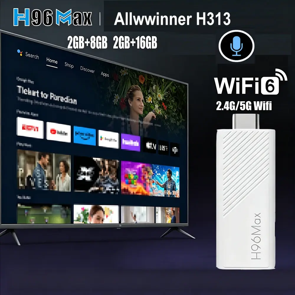 H96 MAX Android TV Stick Allwinner H313 com 2.4G Wifi 5G Wifi6 Marca Dupla 8GB 16GB 4K 3D HDR Goole Voz Remoto DC 5V 2A - 1