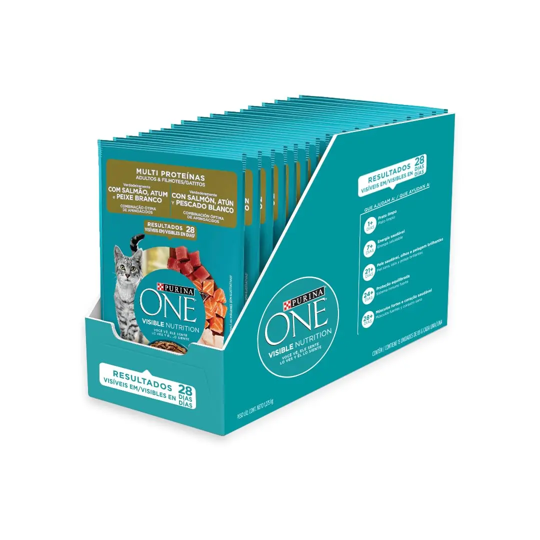 PURINA® ONE® Multi Proteínas Gatos Adultos e Filhotes com Salmão, Atum e Peixe Branco 85g - Display 15 Unidades