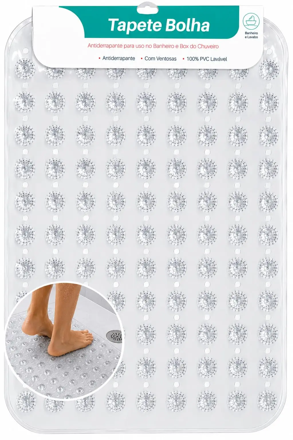 Tapete Antiderrapante para Box e Banheiro com Ventosas PVC 66x34cm | Antiderrapante, para Box e Banheiro, PVC com Ventosas, 66x34cm, (Transparente)