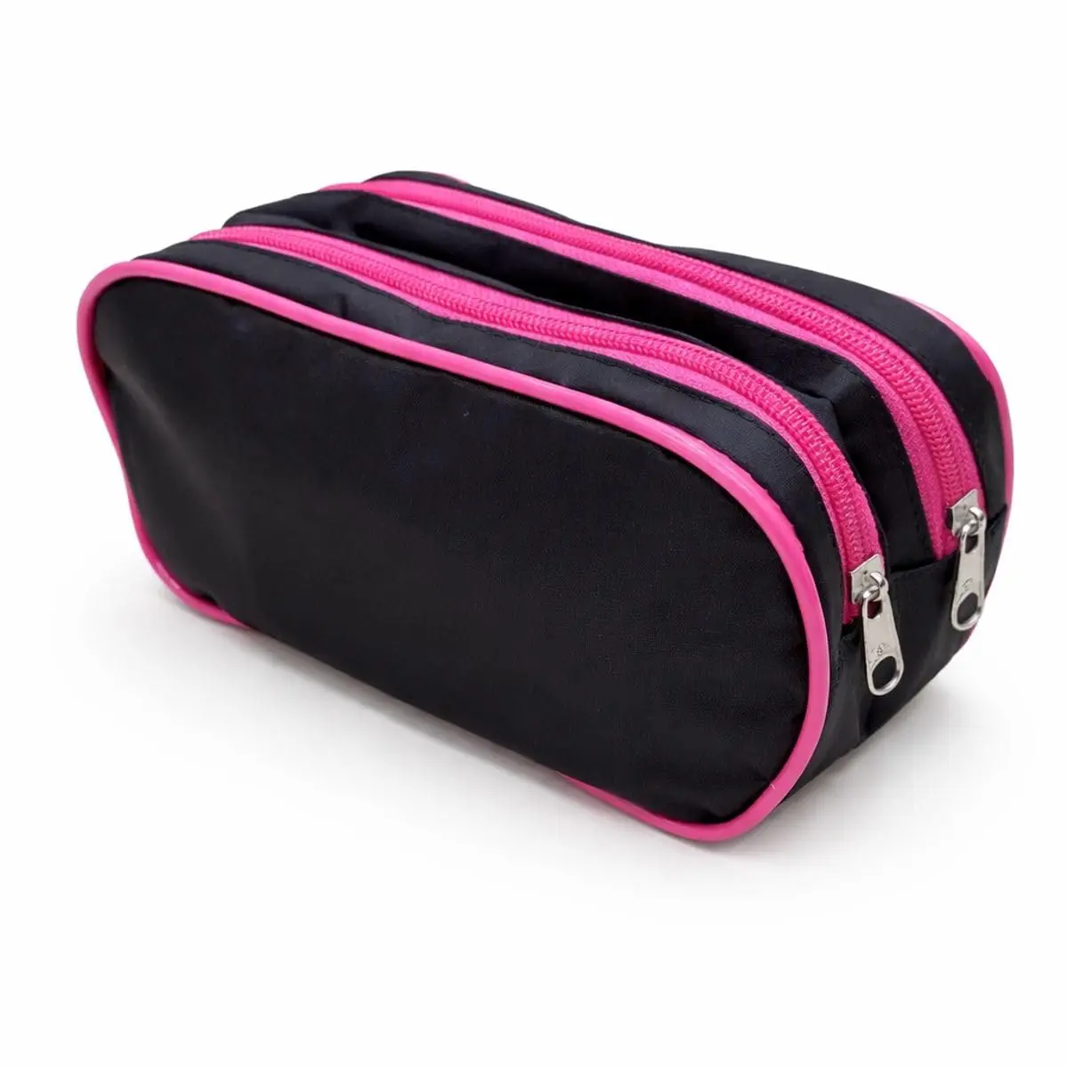 Estojo Escolar Duplo com 2 Compartimentos, Poliéster Resistente, Costura Reforçada, Grande Organizador para Lápis e Canetas (Preto com Rosa) - 1