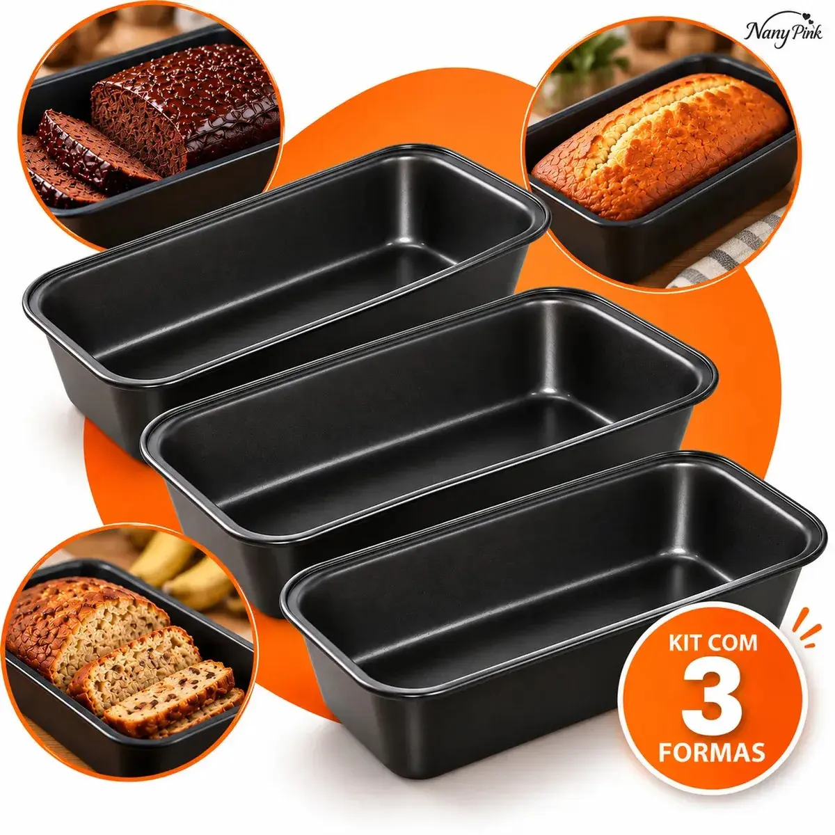 Kit 3 Formas De Pão Bolo Inglês Antiaderente Teflon Assadeira Para Pão Caseiro Cuca Lasanha Torta Brownie Forma Retangular Profissional Resistente Forno Aço Carbono 27cm - Nany Pink