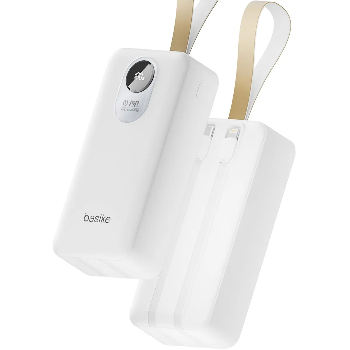 Basike Power Bank 30000mAh, Carregador Portátil, QC 22,5W + PD 20W (Branco) | Carregamento Rápido, USB-A + USB-C, 2 Cabos Integrados (USB-C e Lightning), Display Digital LED, Proteção Inteligente