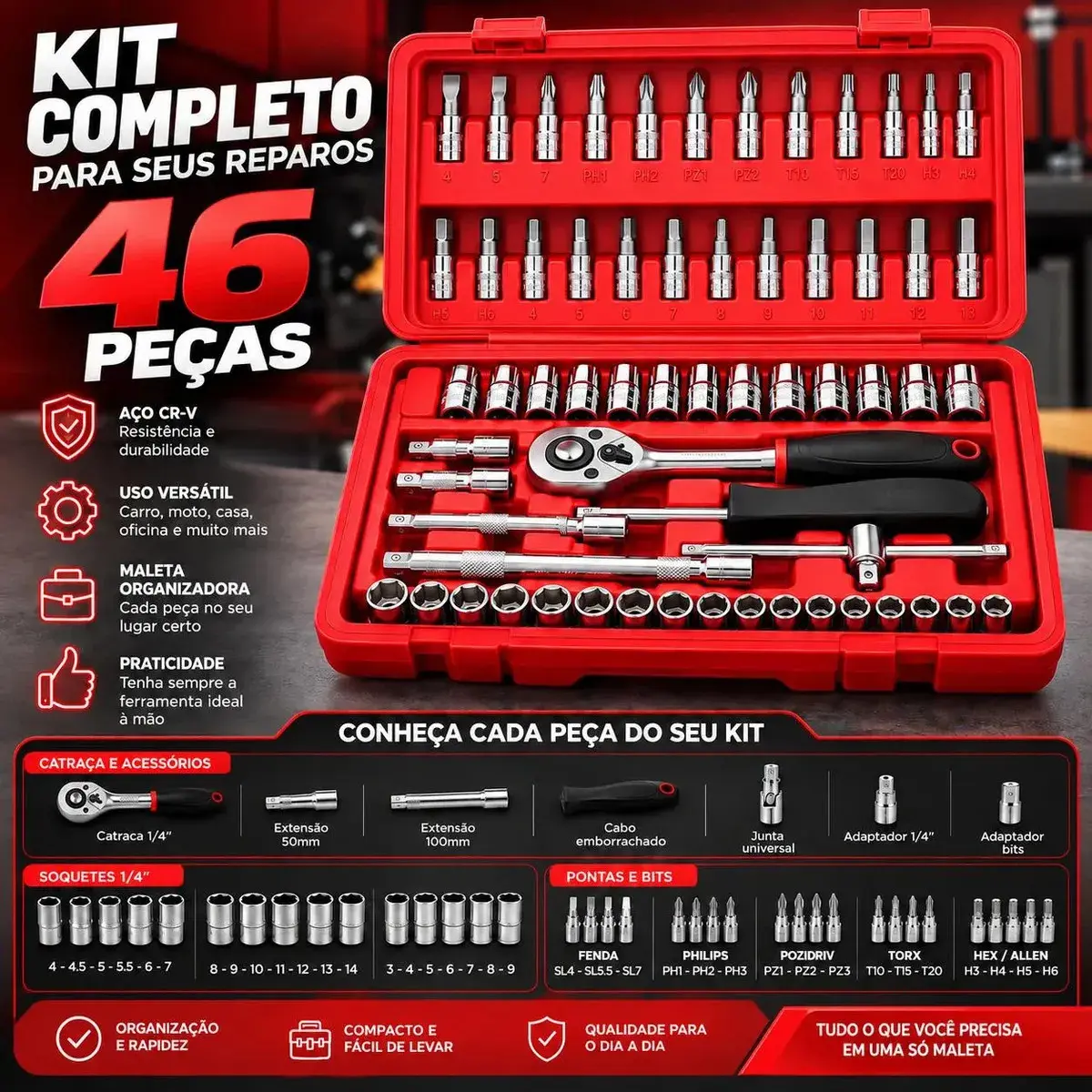 Kit Ferramentas 46 Peças Com Soquetes e Chaves Para Carro e Casa Vlx Vermelho thumbnail 2