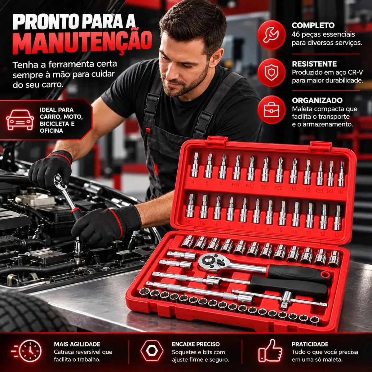 Kit Ferramentas 46 Peças Com Soquetes e Chaves Para Carro e Casa Vlx Vermelho thumbnail 3