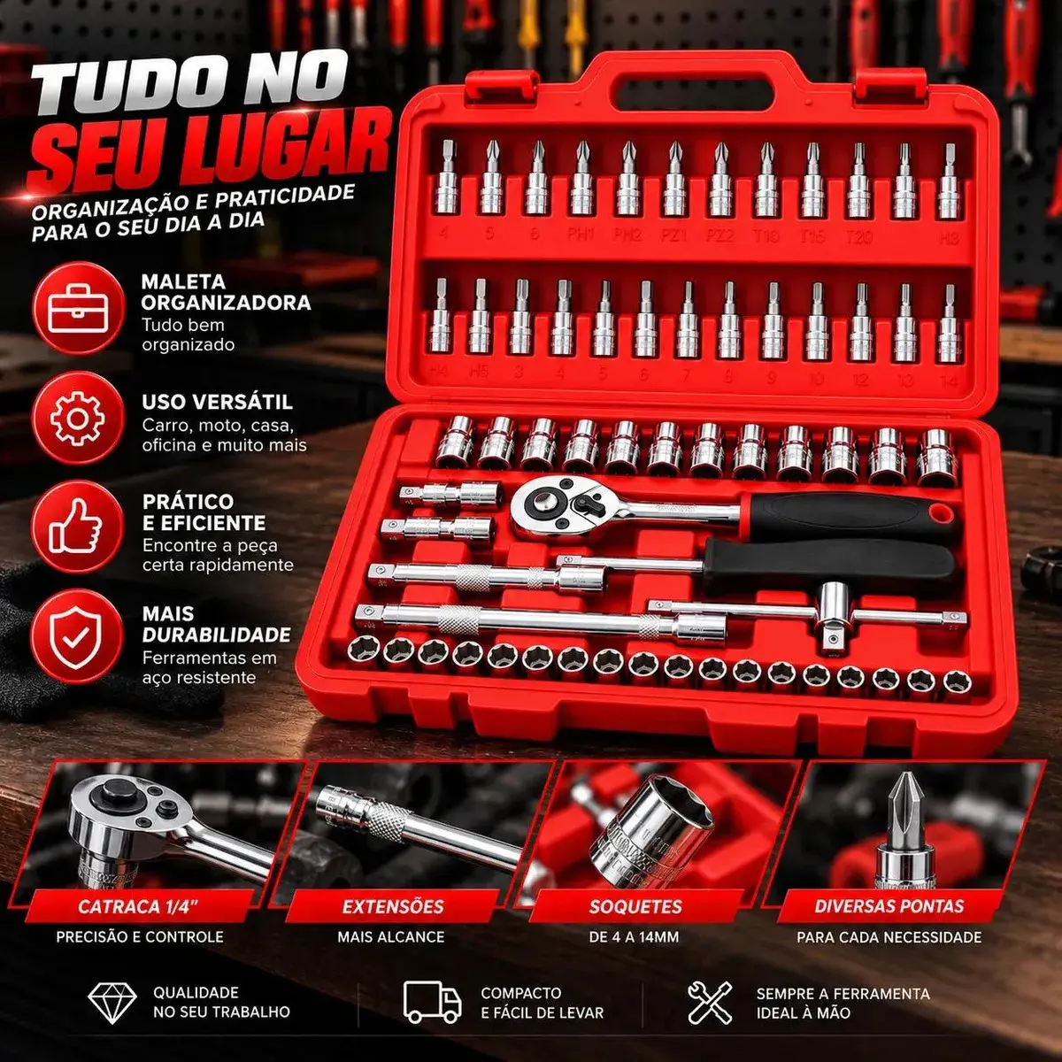 Kit Ferramentas 46 Peças Com Soquetes e Chaves Para Carro e Casa Vlx Vermelho thumbnail 4
