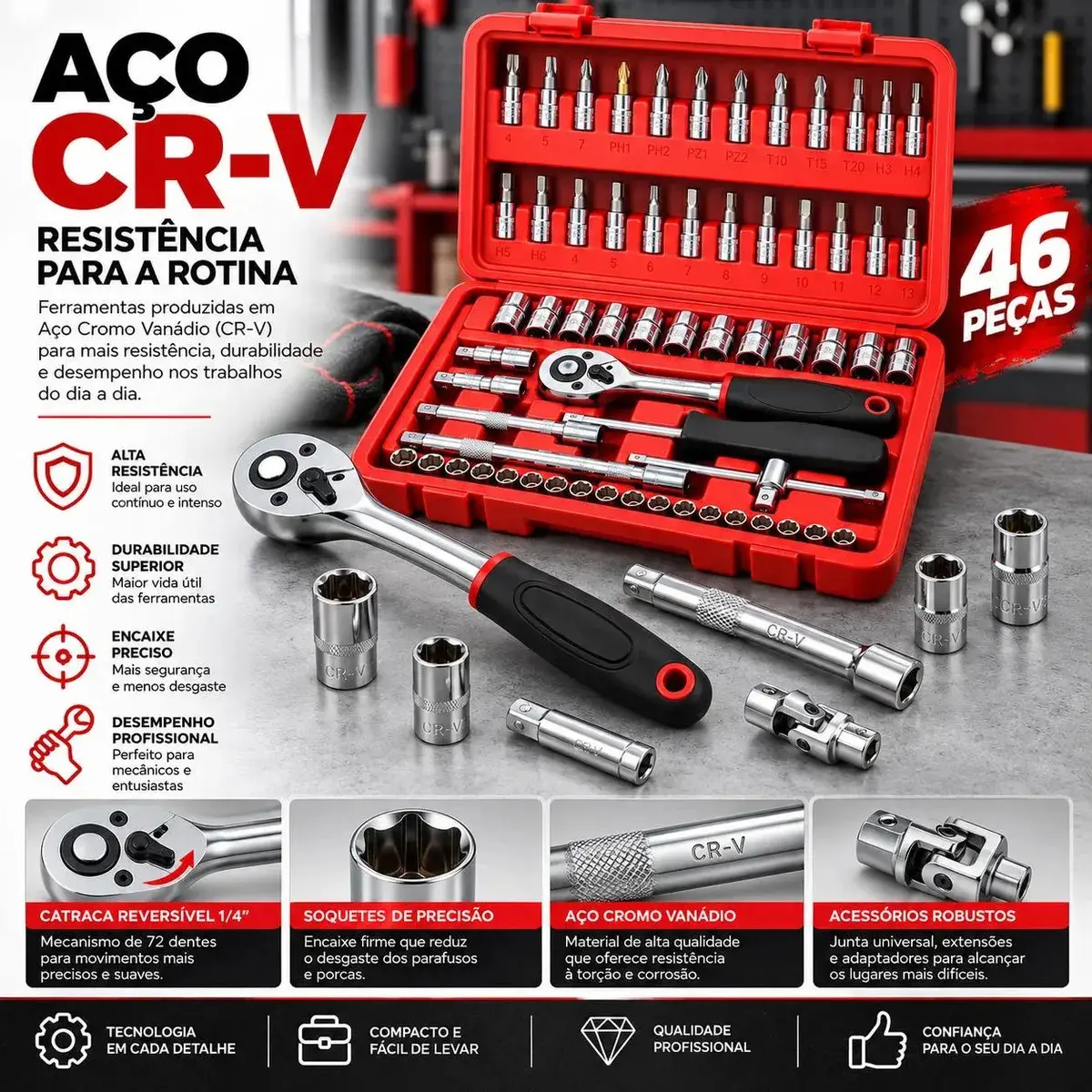 Kit Ferramentas 46 Peças Com Soquetes e Chaves Para Carro e Casa Vlx Vermelho thumbnail 5