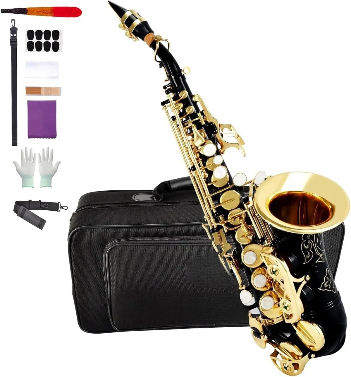 VEDO Saxofone Soprano em Si bemol(Bb), Banda de sopro profissional Acabamento Em Laca Dourada, Para Iniciantes, Saxofone Para Estudantes, Estojo e Kit De Limpeza, Completo de AcessóRios, Preto