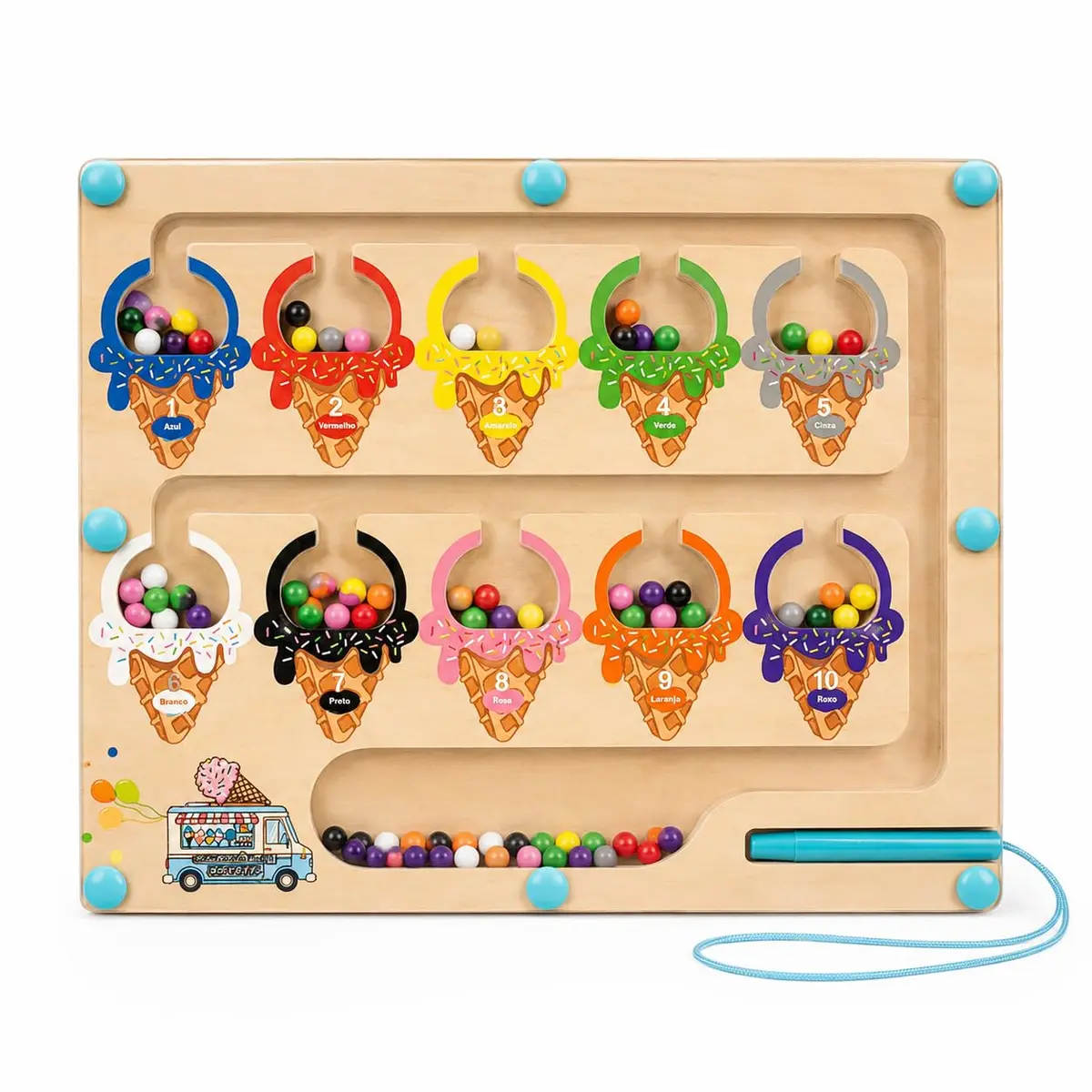 Brinquedo Educativo de Madeira Montessori Magnético com Sorvetes – Tabuleiro de Contar Cores e Números com Caneta Imantada para Crianças 2 3 4 5 6 7 Anos – Brinquedo Infantil Menina e Menino - 1