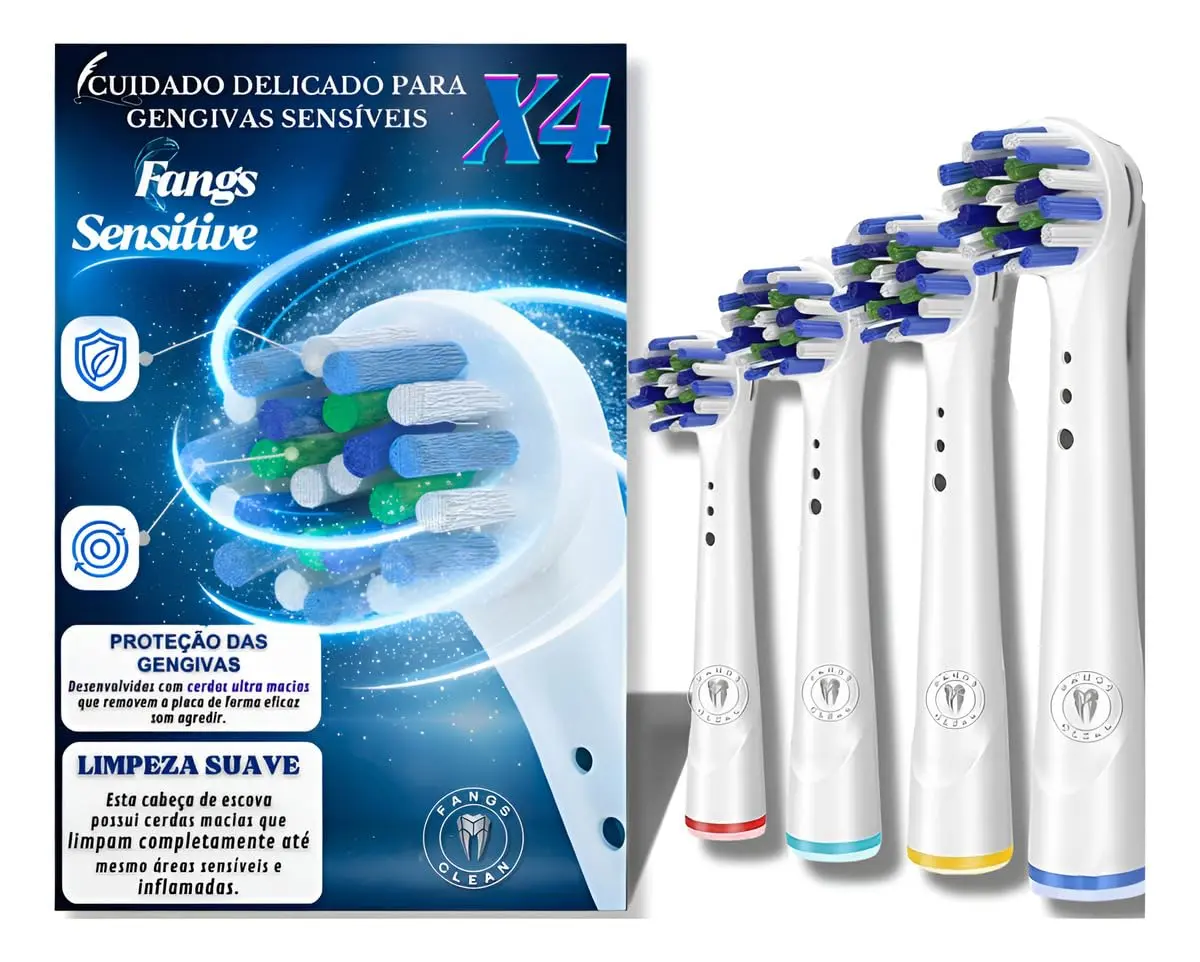 Kit com 4 Cabeças de Reposição para Escova Elétrica Compatível com Oral-B - Fangs Clean sensitive Refil de Escova Elétrica Uso Diário escova de substituição sensível para cuidados com as gengivas (Branco, 4 Refis Sensitive) - 1