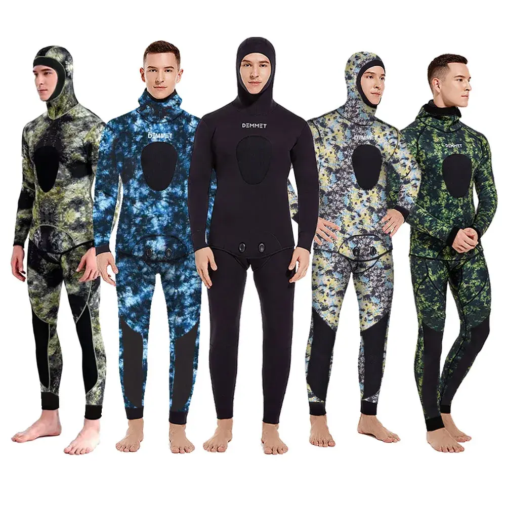 3mm camuflagem wetsuit manga longa fissão neoprene submersível para homem manter quente topo e calças de duas peças com capuz terno de mergulho