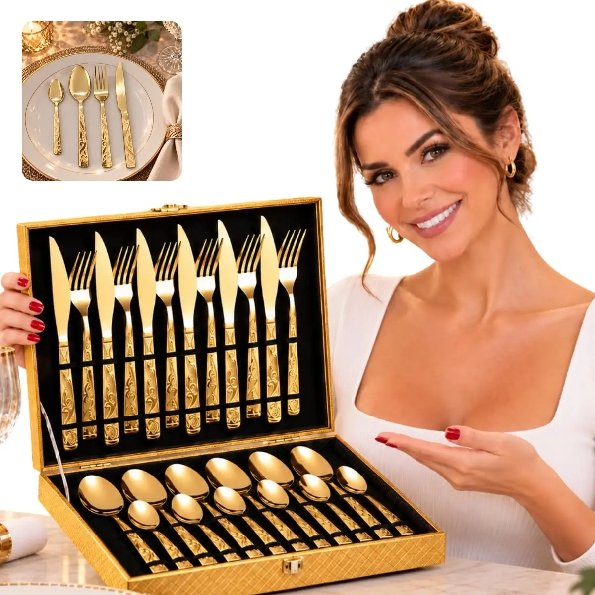 Maleta Conjunto Talheres Dourado 24 Peças Aço Inox Premium Jogo Mesa Posta | Garfos Facas Colheres Jantar Faqueiro Luxo Colher Sobremesa Serviço 6 Pessoas Utensílios Cozinha Elegante