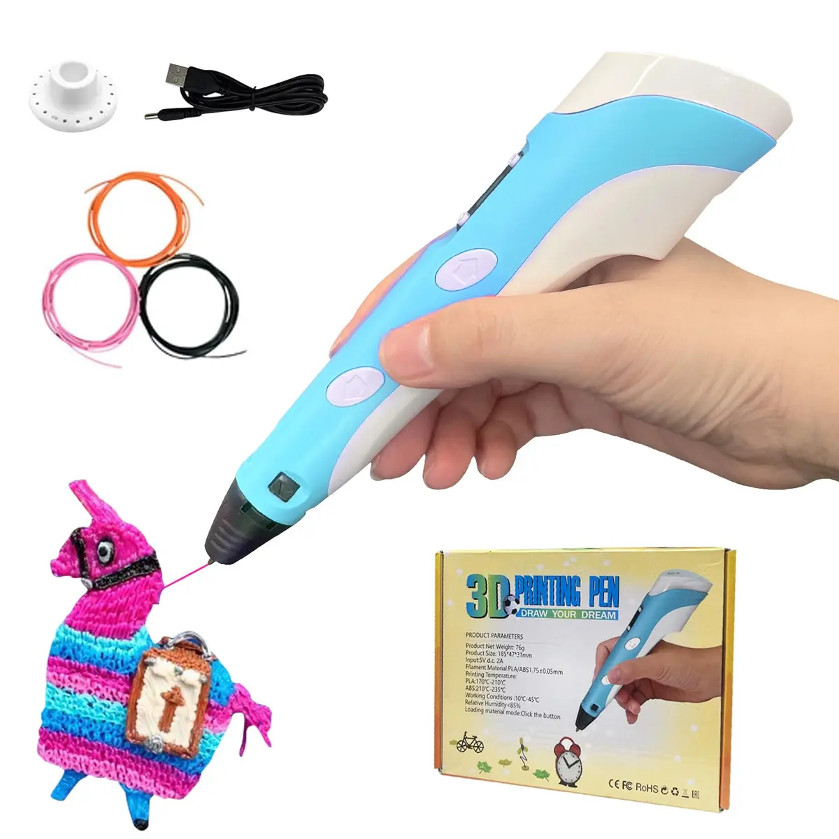 Caneta de Impressora 3D Com Refil Filamento Caneta 3d Profissional Desenho Premium (3 Cores de Refis/3 Metros)-AZUL