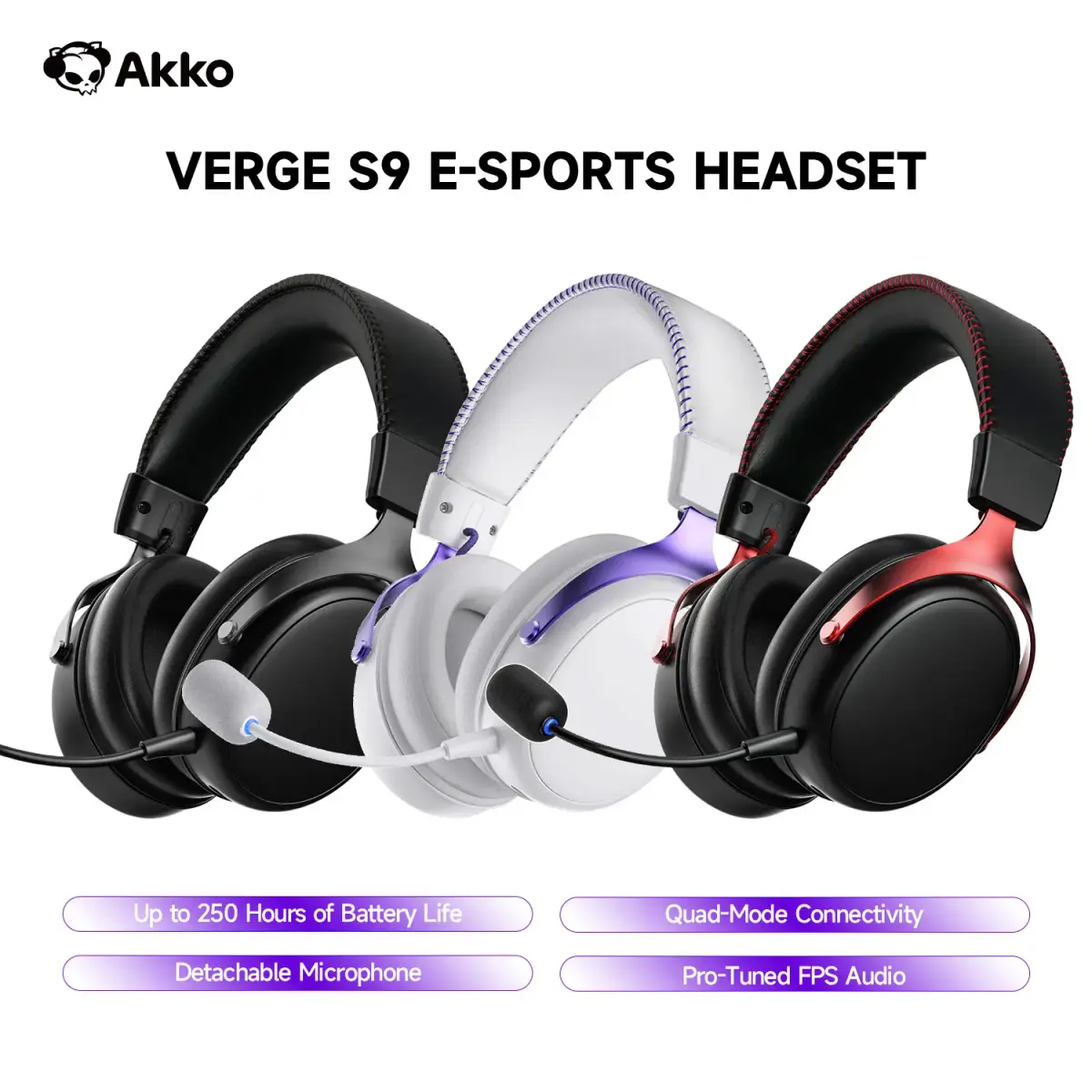 Fone de Ouvido AKKO Verge S9 para E-Sports com Microfone, Headphone Gamer Quad-Mode, Áudio Surround 7.1 Canais, Áudio FPS Otimizado, Driver de 53mm
