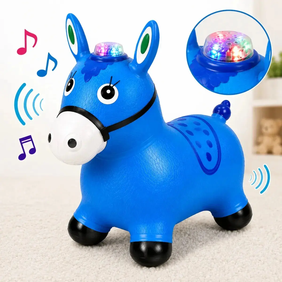 Cavalinho Upa Upa Musical Infantil Pula Pula Inflavel de PVC com Luz LED e Som Brinquedo para Bebe a partir de 12 Meses Suporta ate 54 kg Baterias Inclusas Selo Inmetro Pratitudo Toys Azul