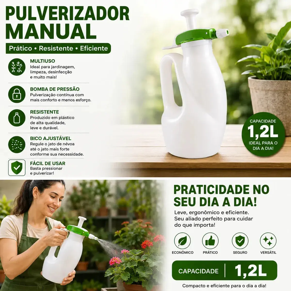 Pulverizador Manual Compressão Previa Bico de pato - Guarany 1,2 Litros Branco/verde
