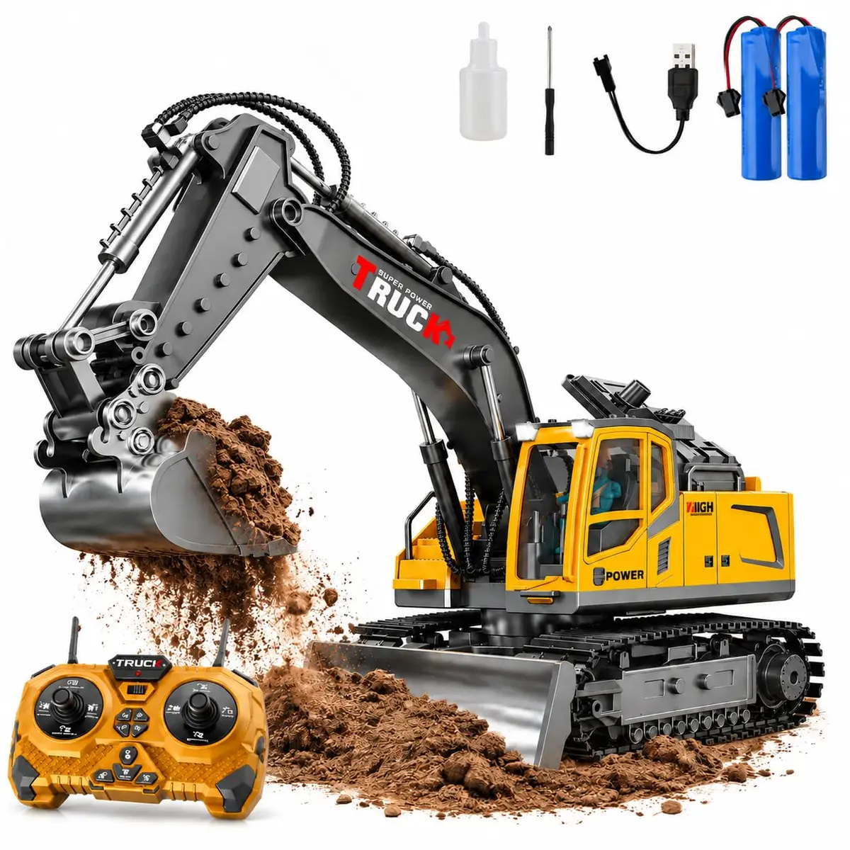 QBuen Escavadeira Controle Remoto 11 Canais para Crianças, Escala 1:20 com Spray, Música, Pá Metálica e Lâmina, 2 Baterias (1200mAh), Carregamento USB, Controle Remoto, Presente para Meninos +3 Anos