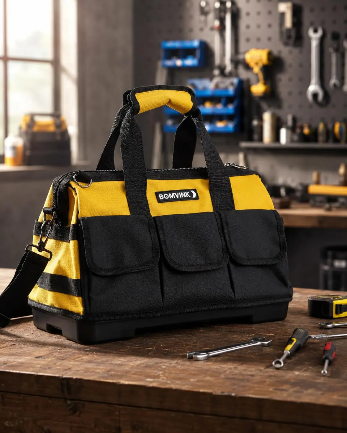 Bolsa para Ferramentas Grande Reforçada Profissional com Base Rígida, 16 Compartimentos, Bolsos Externos, Alça de Ombro e Alças de Mão para Eletricista Mecânico Manutenção Oficina e Construção