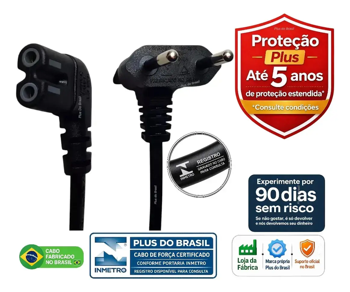 Plus Do Brasil Cabo De Força Alimentação Bipolar 90 Graus Para Smart Tv Samsung LG Tcl Impressora Ps5 Ps4 Ps3 Xbox Jbl BoomBox Tipo 8 C7 Oitinho Bivolt 127/220V Reforçado 100% Cobre BR - 1