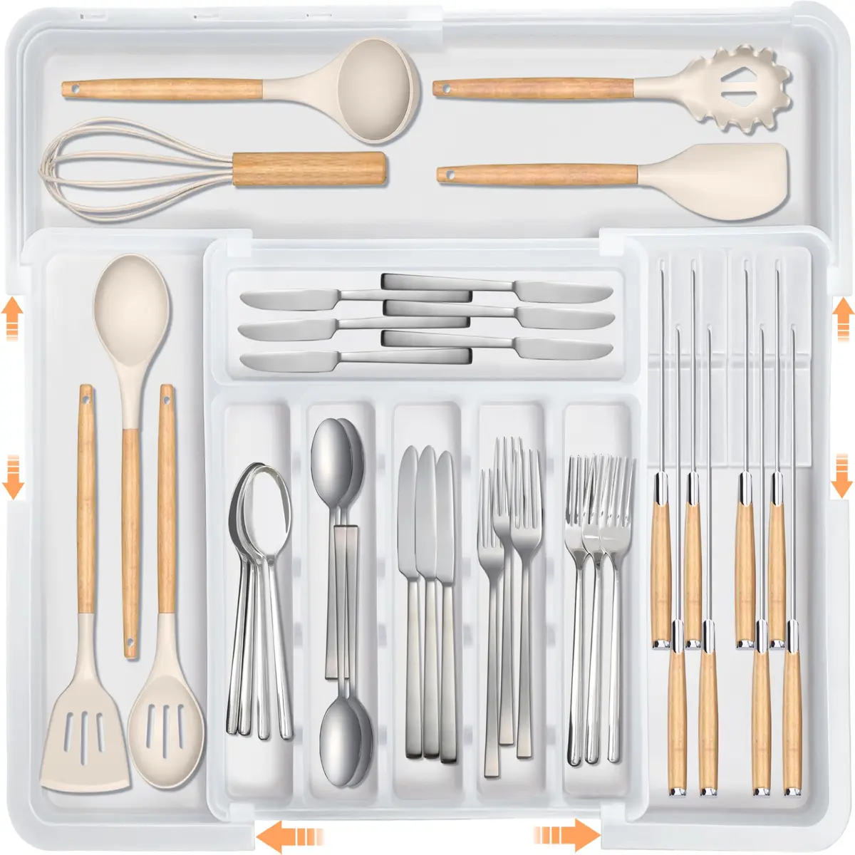 Homecor Organizador de talheres para gaveta de cozinha, organizador de gaveta expansível com 2 blocos de facas, talheres e porta-talheres, armazenamento de plástico ajustável para colheres, garfos - 1