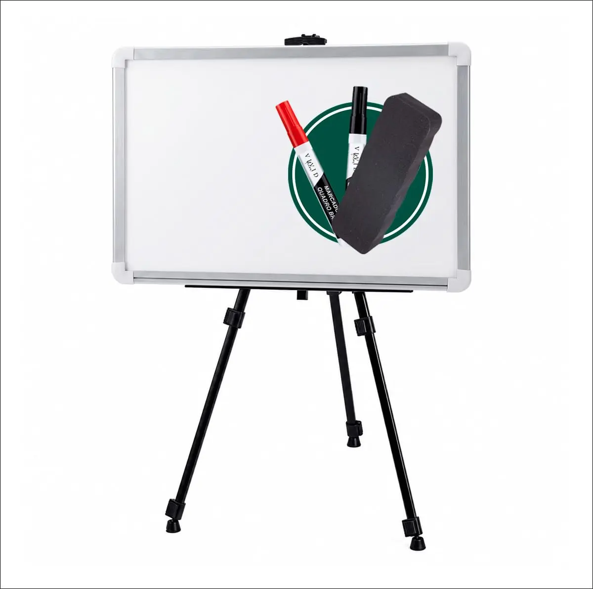 Lousa Branca Quadro Branco 100x70cm com Suporte Tripé Portátil Moldura Alumínio e Superfície UV para Apresentações Reuniões e Escritório, duas canetas e apagador