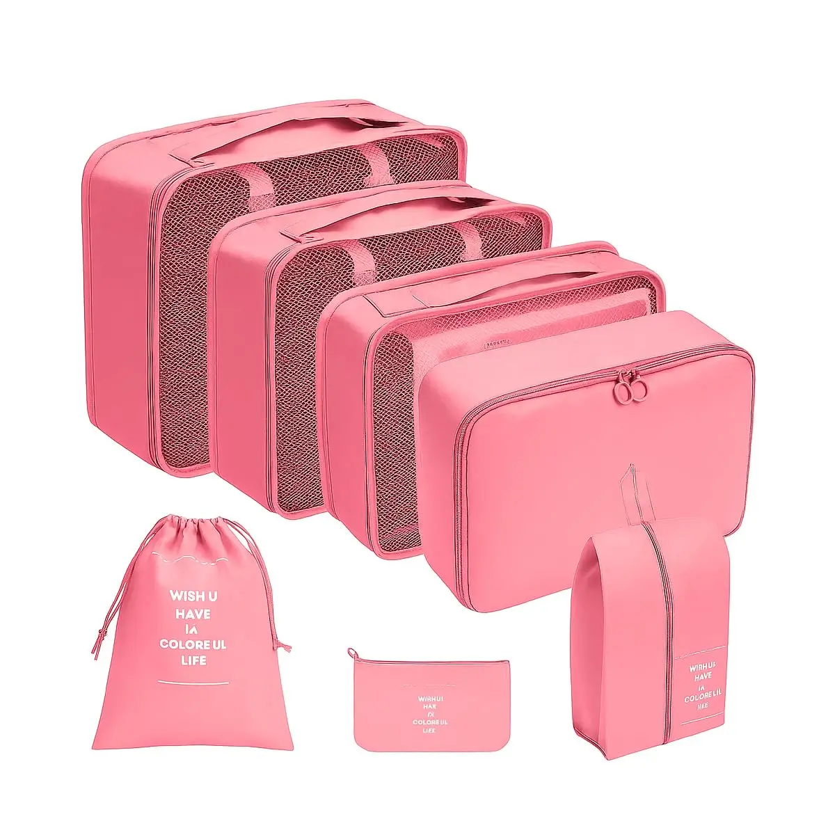 Organizador Viagem Kit 7 Peças - Necessaire para Bagagem Malas Roupas Bolsa Cosméticos Higiene - Dobrável Impermeável Multiuso Feminina Masculina Unissex Grande Compacto Prático (ROSA) - 1