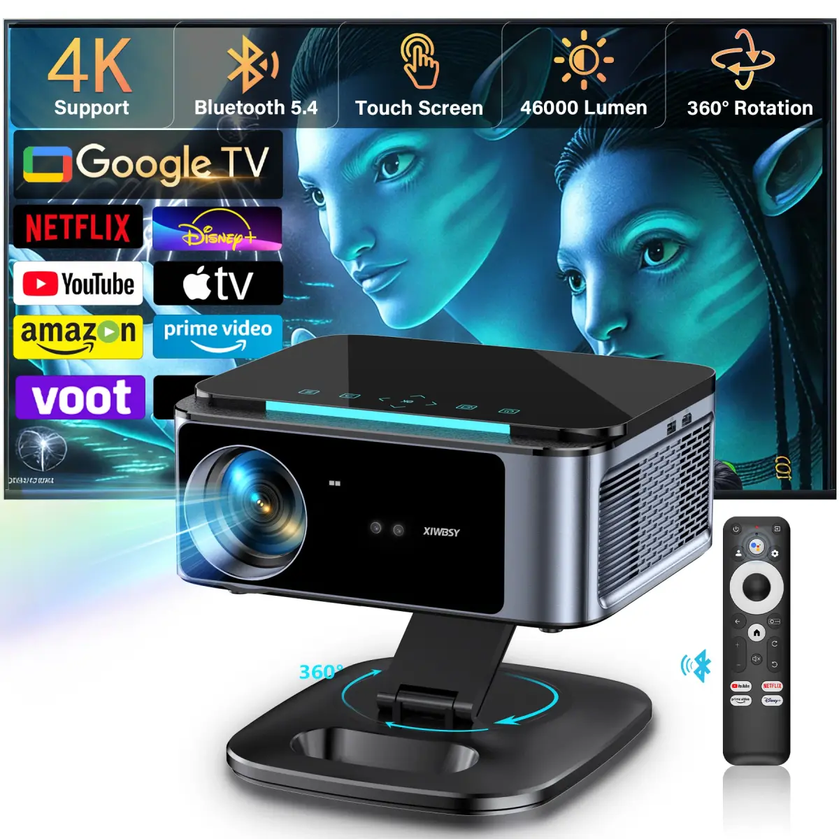 Projetor de TV Android 4K XIWBSY 46000 Lumens, Projetor de Vídeo e Filmes, Projetor Oficial Google TV para Uso Diurno, Foco a Laser TOF, Home Theater - 1