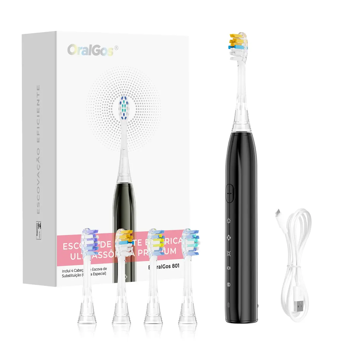 OralGos Escova de Dentes Elétrica Adulto, Vibração Sônica para Limpeza Profunda, Múltiplos Modos de Escovação, Recarregável USB, com 3 Cabeças Substituíveis, Cuidado e Proteção da Gengiva (Cinza)
