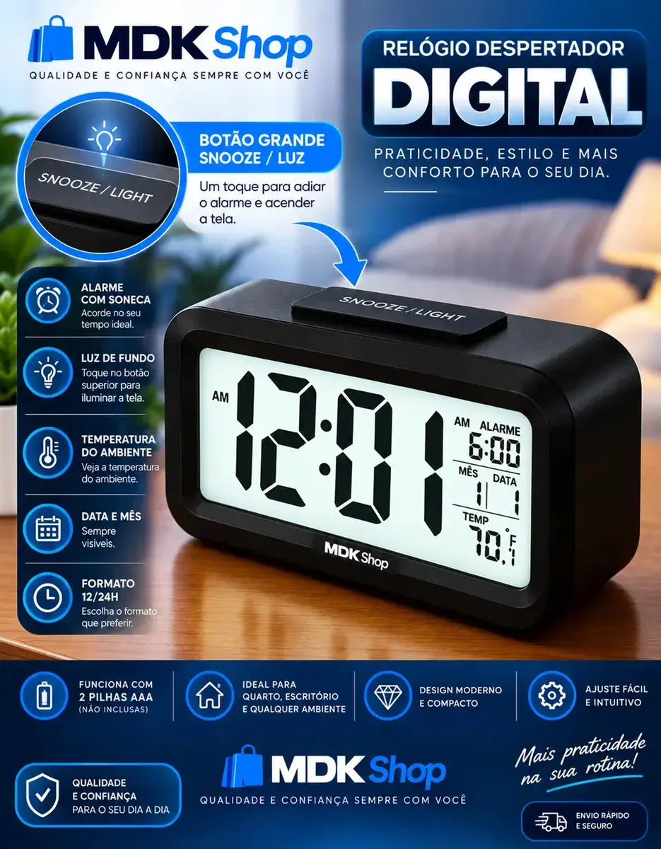Relógio Digital Despertador Mesa Cabeceira Quarto Idoso Cor Preto Micgeek thumbnail 2