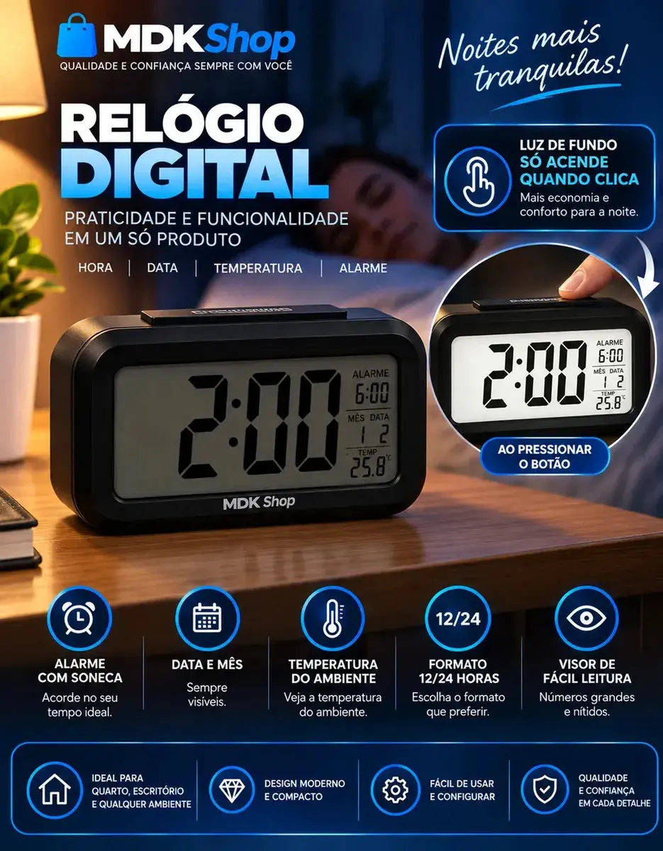 Relógio Digital Despertador Mesa Cabeceira Quarto Idoso Cor Preto Micgeek thumbnail 3