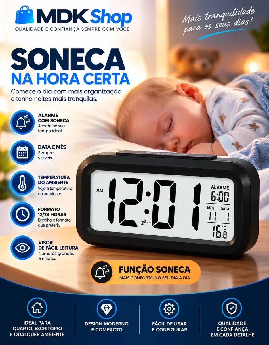 Relógio Digital Despertador Mesa Cabeceira Quarto Idoso Cor Preto Micgeek thumbnail 5