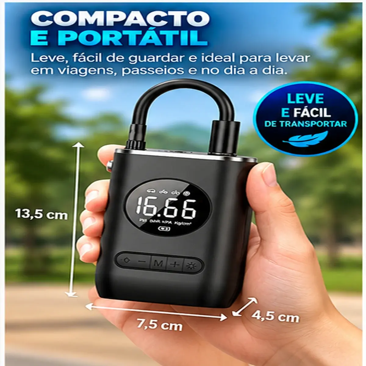 Calibrador Compressor Pneu Digital Carro Bike Moto Sem Fio 4000mAh com Visor Digital e Lanterna Integrada Portátil e Compacto - 1