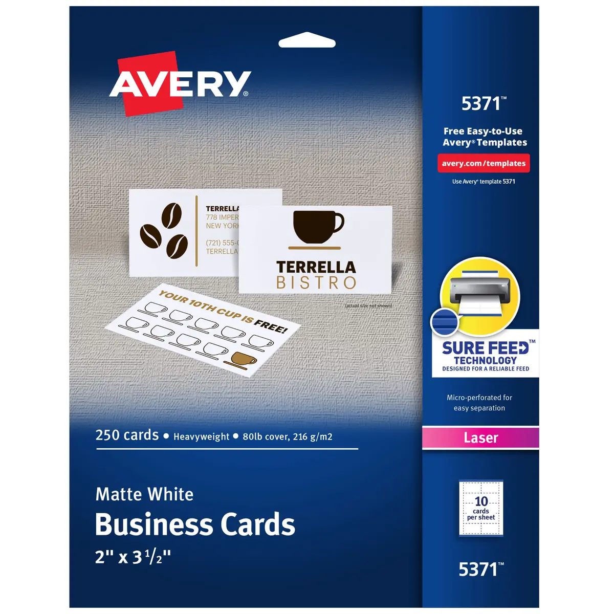 Avery Cartões de visita imprimíveis com tecnologia Sure Feed, 5 cm x 8,9 cm, branco, 250 cartões em branco para impressoras a laser (05371)