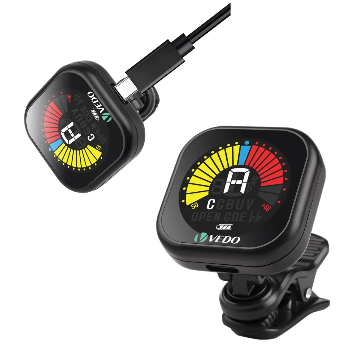 VEDO Afinador Recarregável para Guitarra, Violão, Baixo, Ukulele e Violino - Display LCD de Alta Precisão, Bateria de Lítio com 20 Horas de Duração, Modo Cromático, Cabo USB Tipo-C Incluso (1)