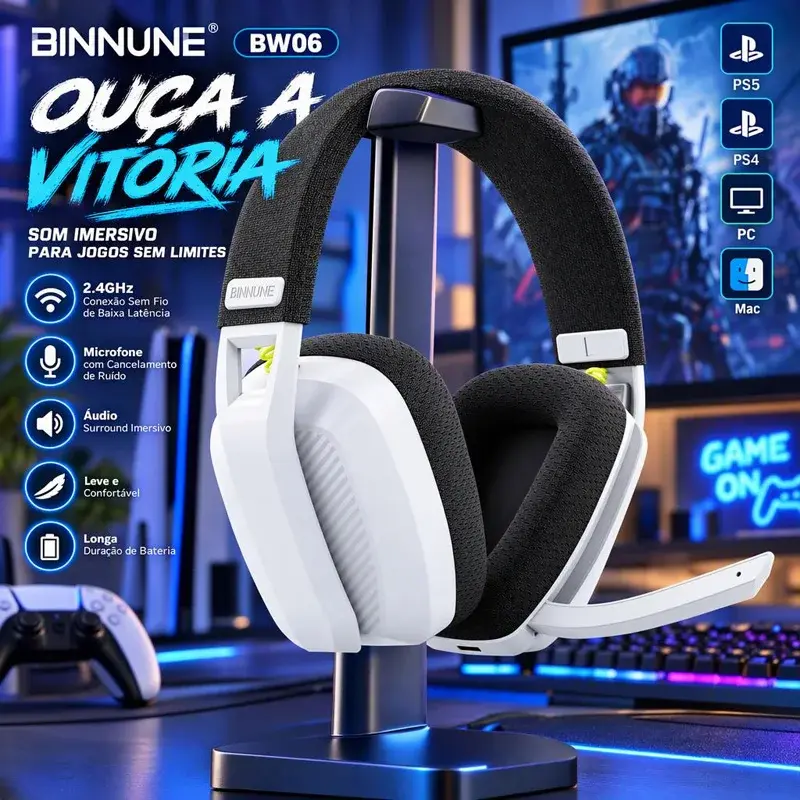 BINNUNE BW06 Fone de Ouvido Gamer Bluetooth 2.4GHz Sem Fio Estéreo Modo Duplo Microfone HD Cancelamento de Ruído Confortável RGB Luz LED Áudio Imersivo para PS5 PS4 PC Mac Switch Celular Laptop Jogo Online - 1