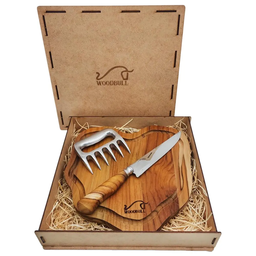 Kit Churrasco Edição Especial, com Ferramentas para Preparar e Servir Carnes com Estilo, Ideal para Churrascos, Festas e Presente, Tábua Artesanal, Faca Inox 7" e Garra de Urso – WOODBULL.