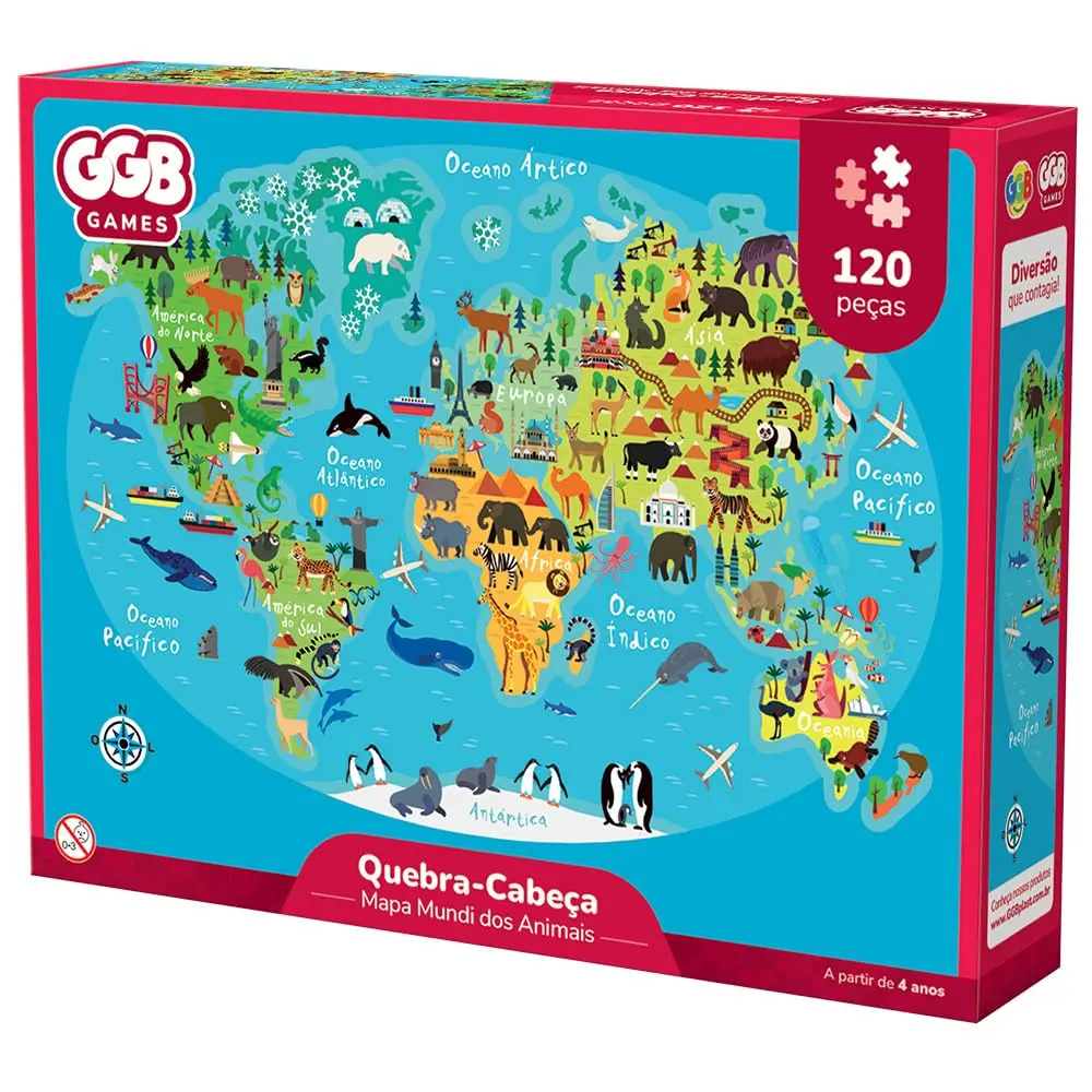 GGB Quebra-Cabeça Mapa Mundi dos Animais 120 Peças - 1