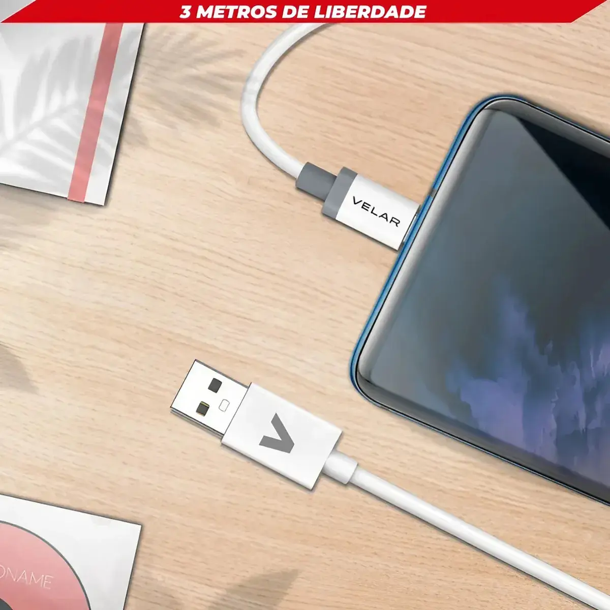 Cabo Usb Carregador Celular USB 3 Metros Turbo 4.0 Branco thumbnail 3